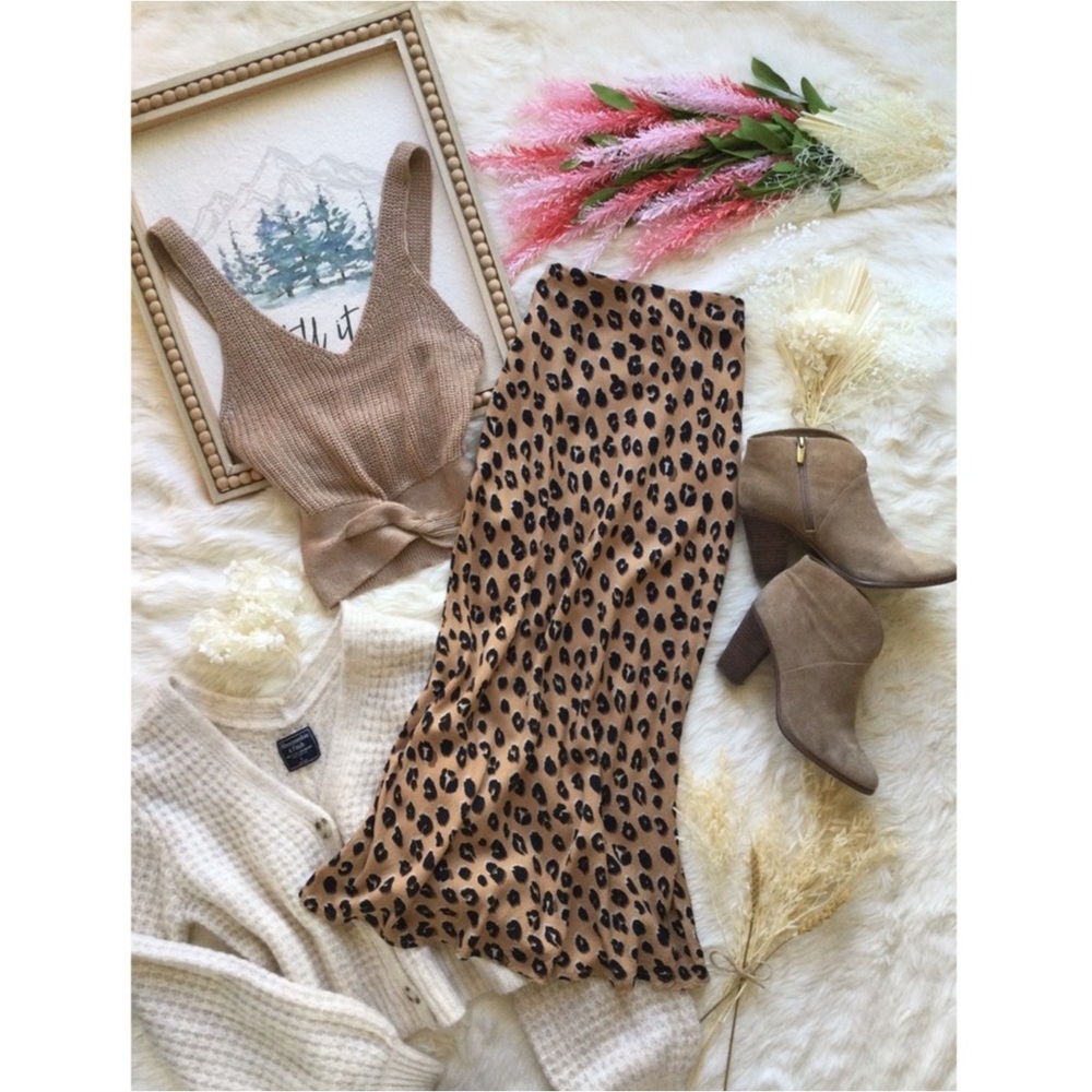 A New Day Sz S Leopard Animal Print Tan Brown Midi Skirt Western Boho